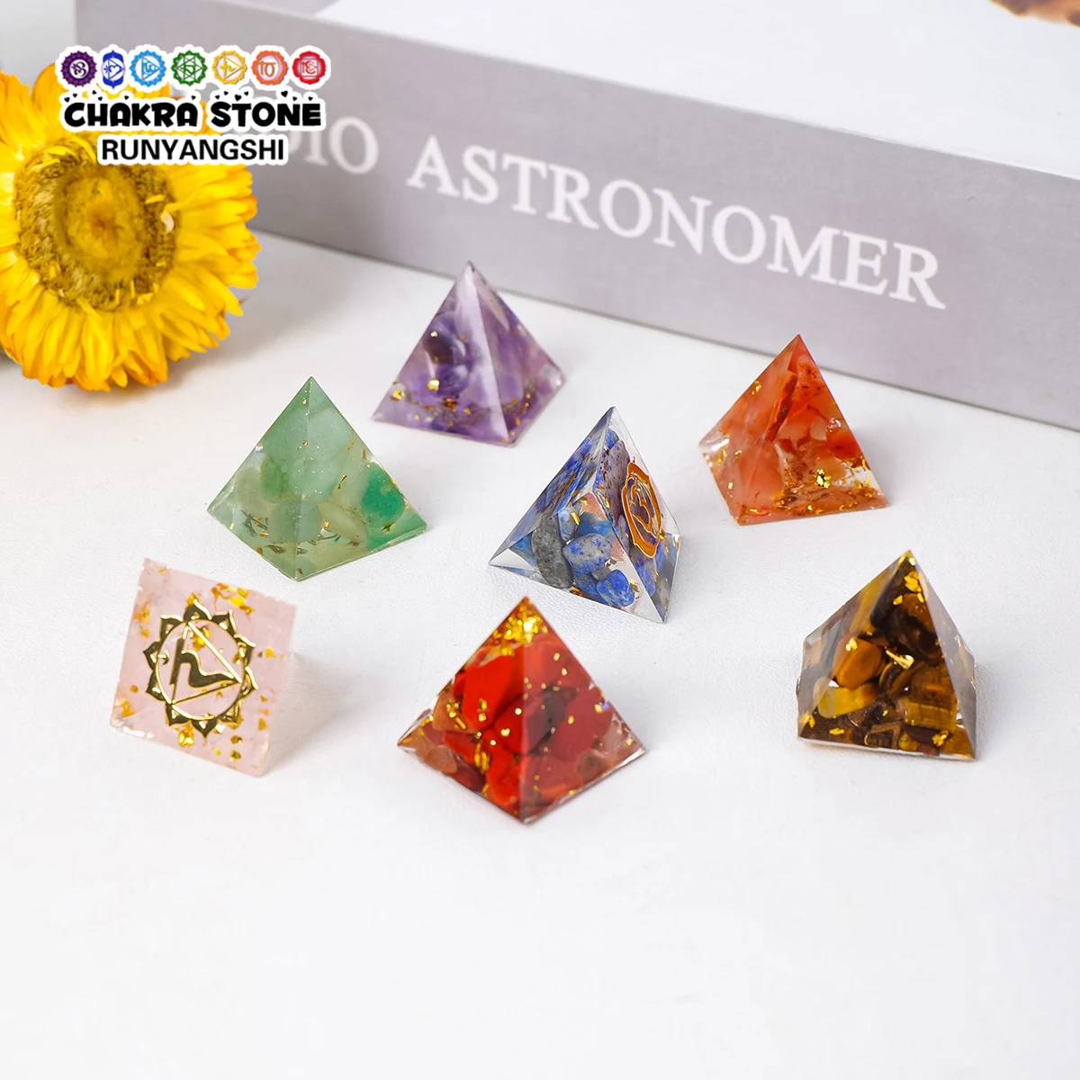 1PC Natural Crystal Macadam Gumming Resin Pyramid Chakra Healing Crystal Symbol Ornament Desktop Ornament