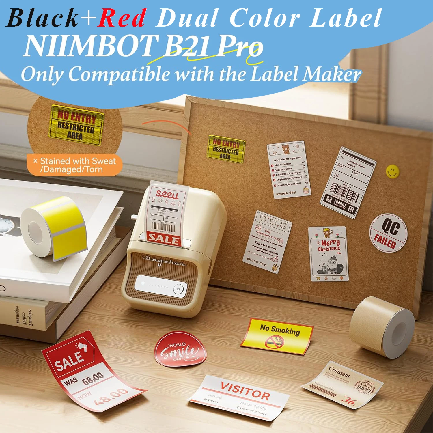 Niimbot Red&Black Dual Color Thermal Sticker for B21 Pro 300dpi Photo Paper With Adhesive Backing for Warning Signs Supermarket