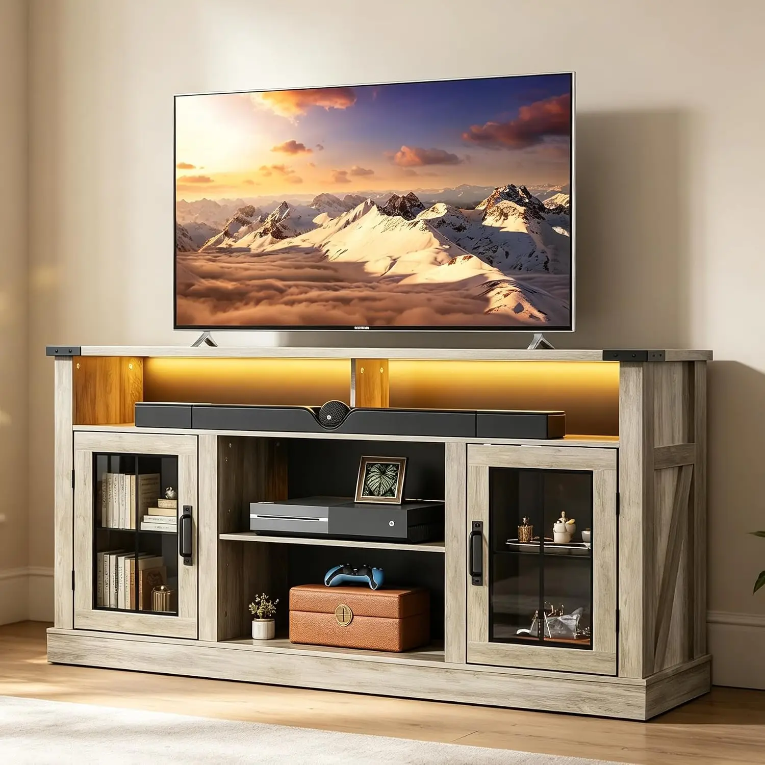 Farmhouse TV Stand 65 Inch, Tall Entertainment Center LED & Storage, Adjustable Shelf Console for Living Room Bedroom,Customized