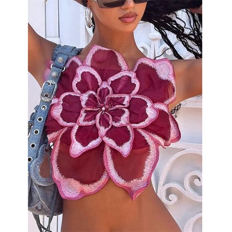 Summer Fashion Tank Top Women Cropped Cute Camis Sexy Crop Tops Female Sleeveless Backless Lace Flower Vest Y2k Clothes