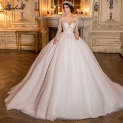 Alonlivn New Lastest Beading Embroidery Lace Of Top Full Sleeves Illusion Neck Ball Gown Wedding Dresses