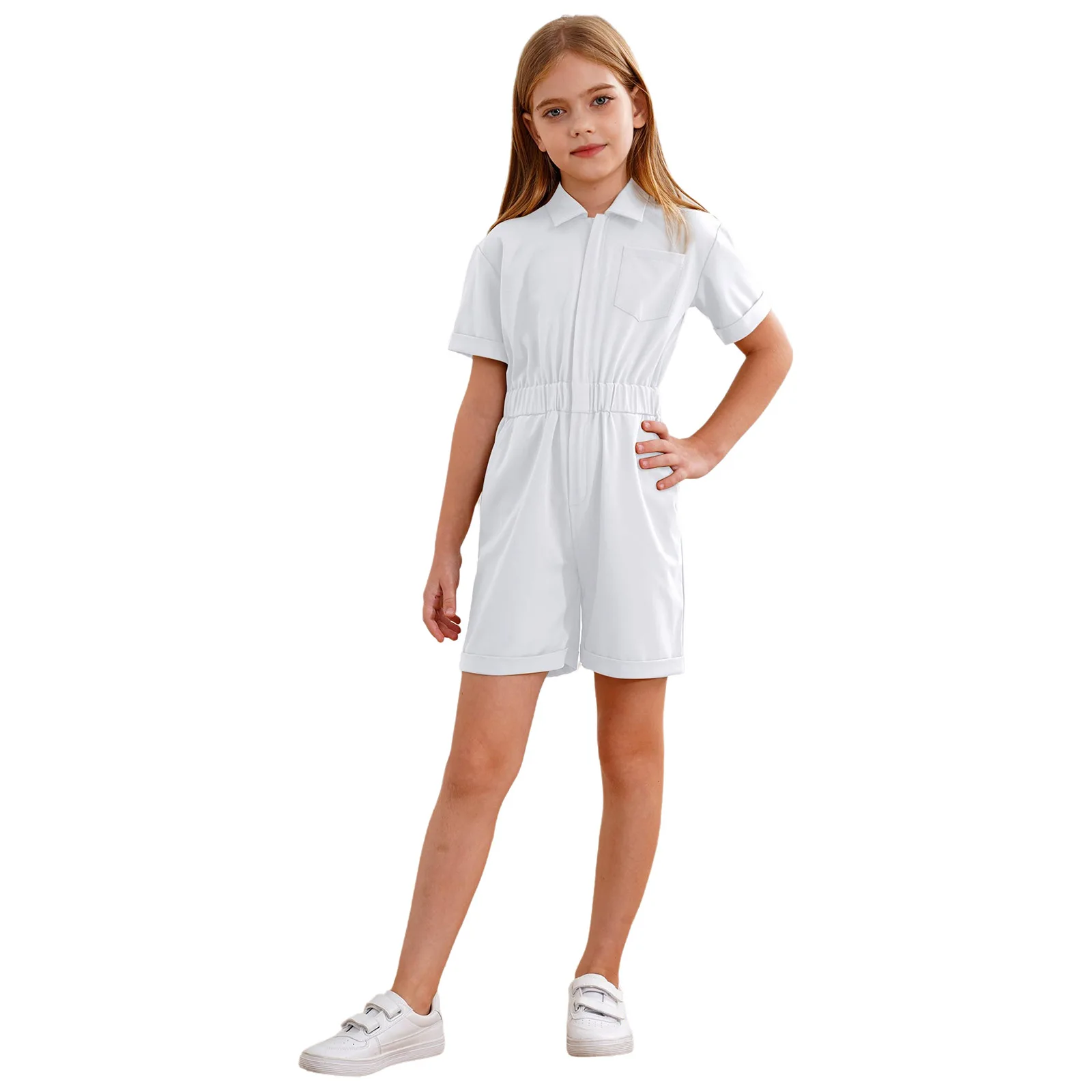 

New Children Clothing Jumpsuit Girls Boys Casual Turn-Down Collar Short Sleeve Coveralls Elastic Waist Beach Rompers Streetwear