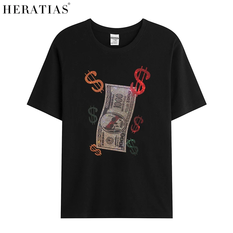 Diamond US dollars pattern men's summer short-sleeved casual shiny creative US dollars diamond figure T-shirt cotton comfortable