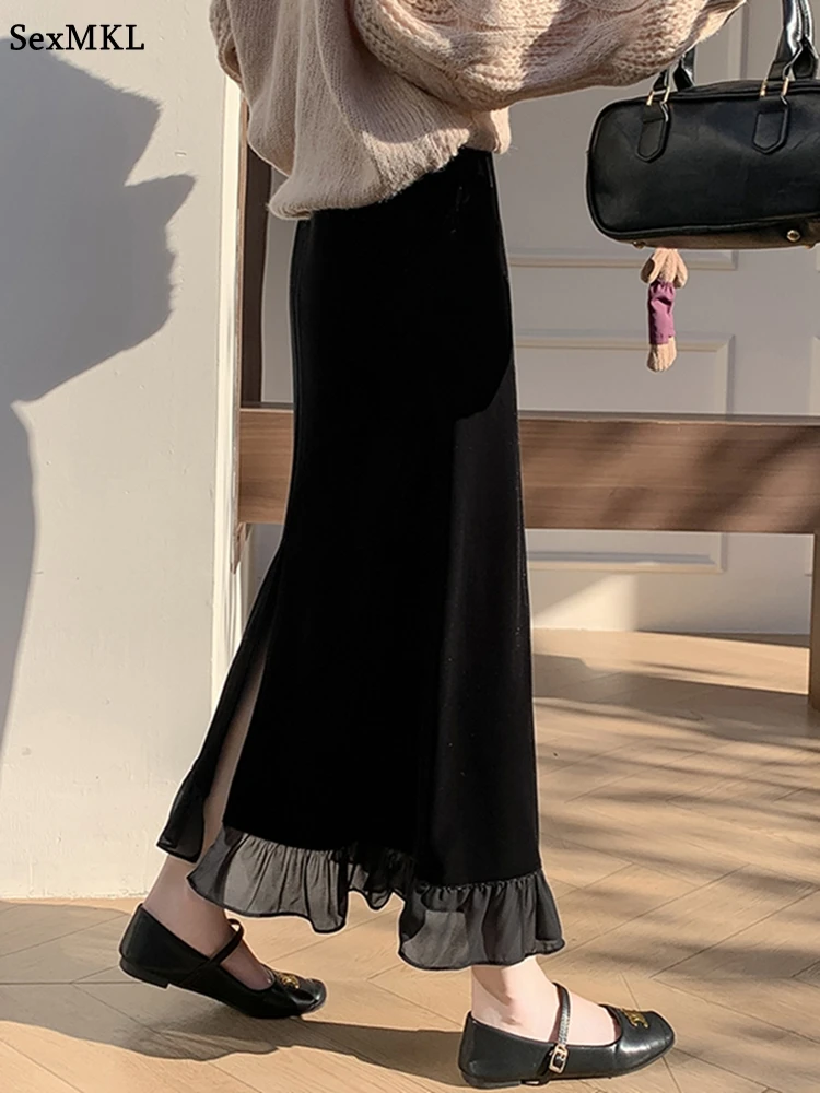 

Уличная одежда, длинные черные бархатные юбки, зимние женские эластичные талии трапециевидной формы Faldas, повседневная одежда Y2k, офисная женская юбка средней длины