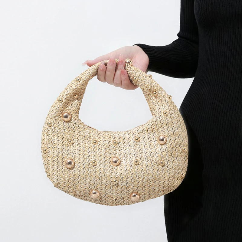 

Hobo Crescent Satin Rivet Bead Evening Clutch,Women Versatile Handbag, Elegant Shiny Texture Party Wedding Prom Chic Purse