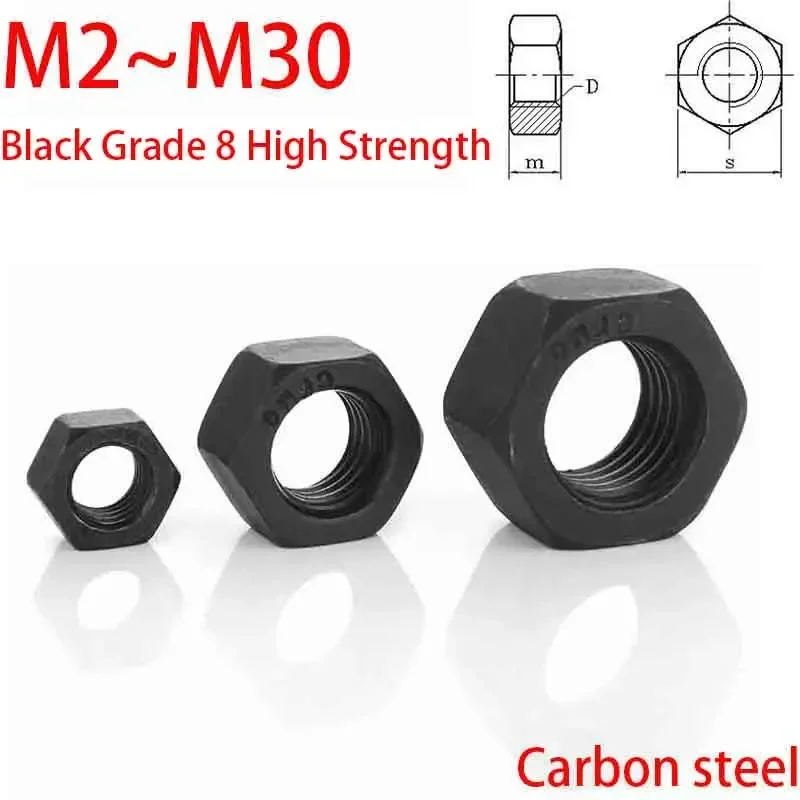 1~100Pcs BlackHexagon Nut M2 M2.5 M3 M3.5 M4 M5 M6 M8 M10 M12 M16 M18 M22 M24 M27 M30 Hex Nuts DIN934 BlackGrade 8 High Strength