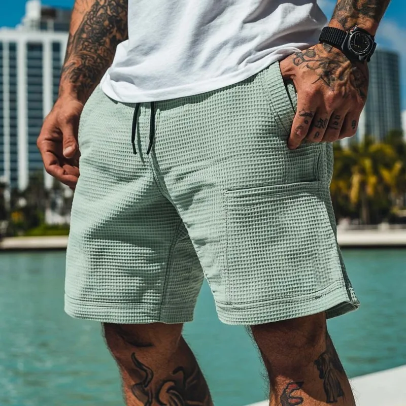 

Cross-border European size summer men's retro knitted surf elastic drawstring shorts SP250421GY5S