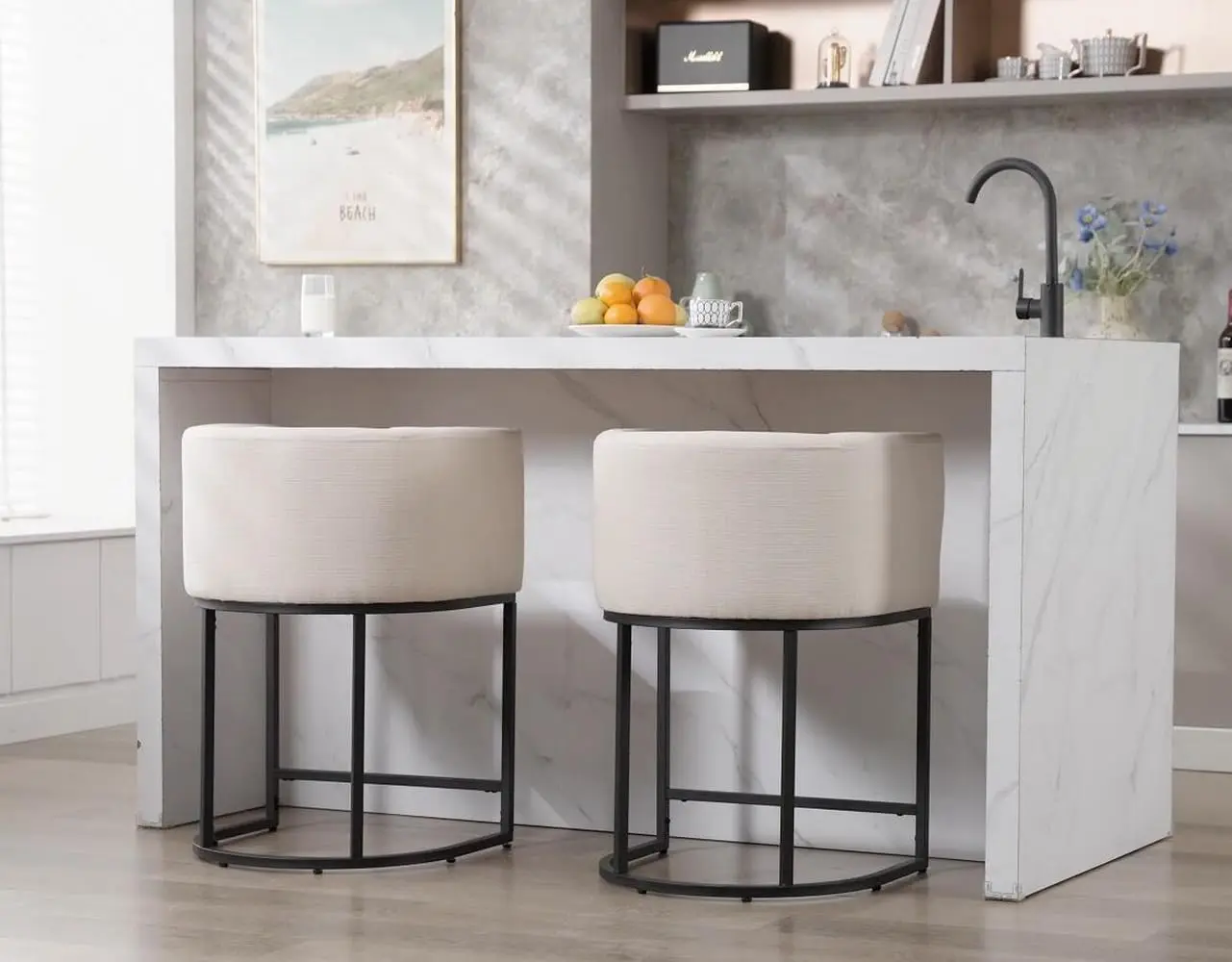 Cream Linen Bar Stools Set of 3, 24" Upholstered Fabric Counter Height Barstools Kitchen Counter Island Stools with Screwed Toge