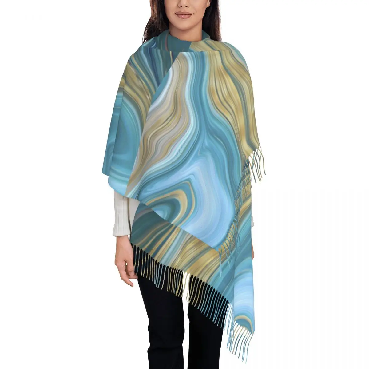 

Marble Print Scarf Unisex Gold And Blue Large Scarves with Long Tassel Winter Vintage Shawls and Wraps Warm Soft Graphic Bufanda