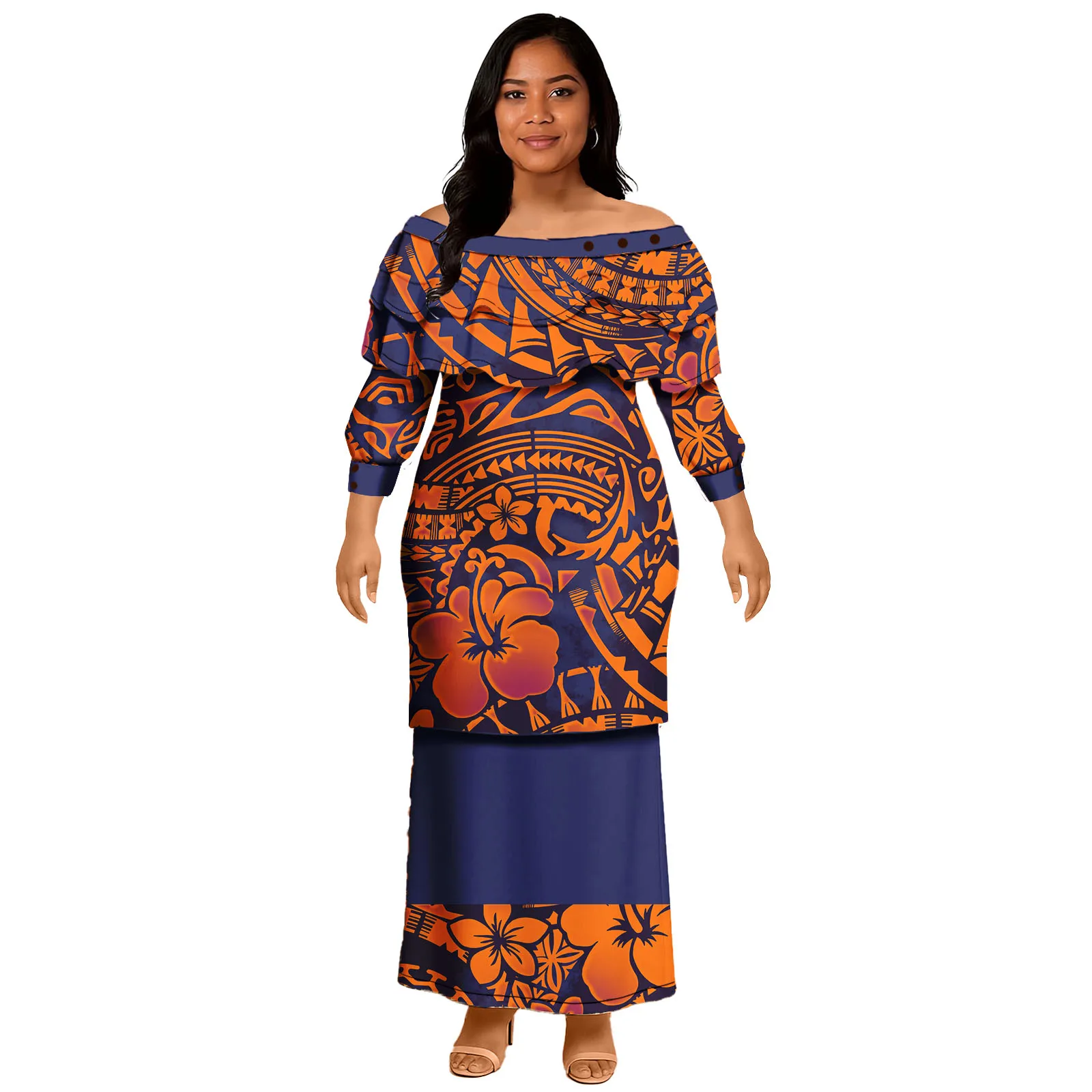 

Luxury Design New Fashion Custom Women's 2 Piece Set Dresses Aloha Dress Island Wear Cascading Ruffle Puletasi Samoan Polynesian