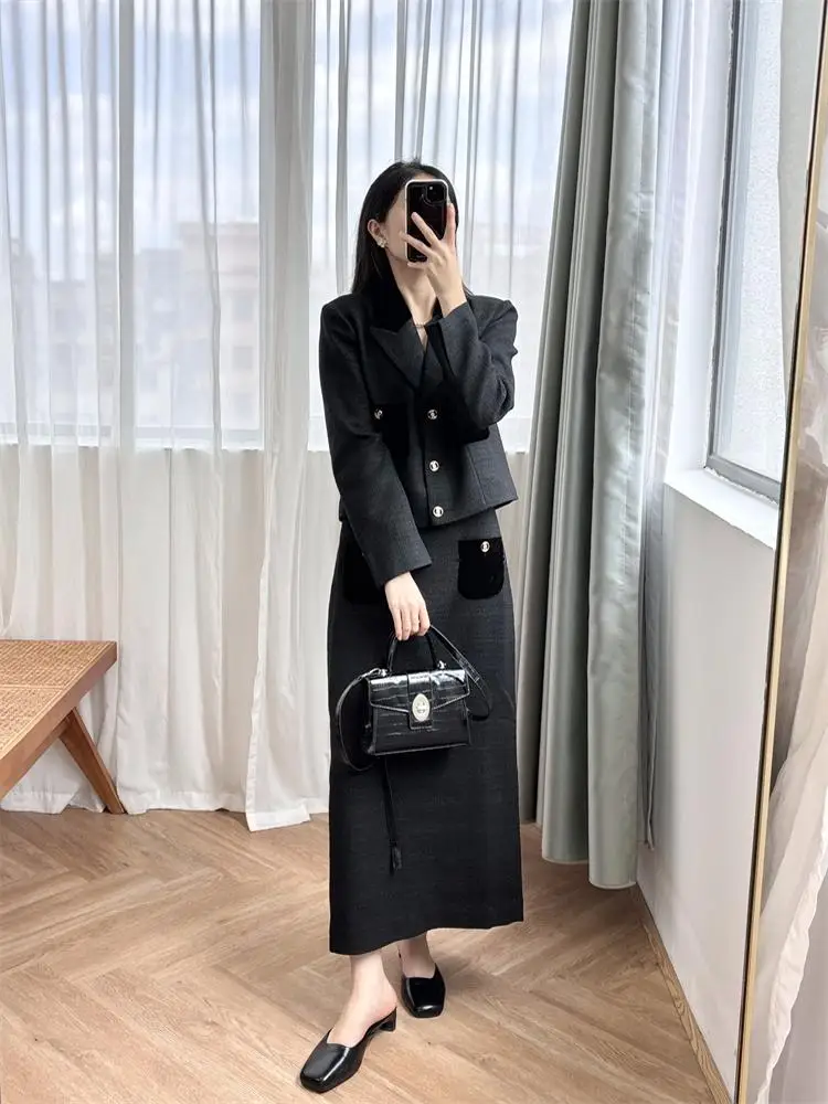 2 piece set Black spliced velvet suit with suit collar and short jacket+straight tube long skirt for female actress Ya S at home