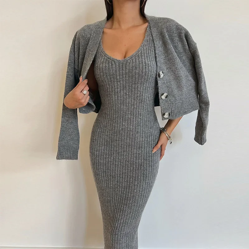 

Women's Sets Fashion 2024 Sexy Sling Dress Two Piece Set with Temperament Wrap Hip Long Dress Long Sleeved Coat Set for Women