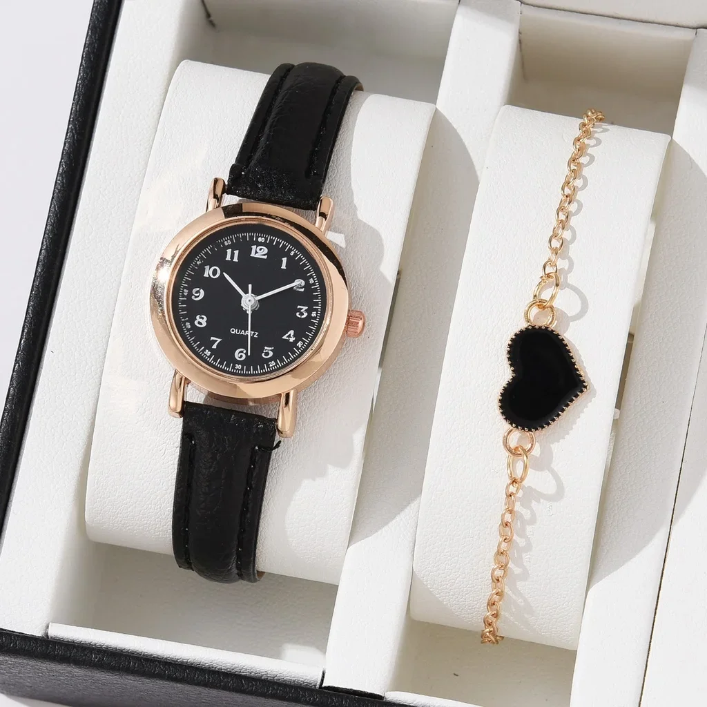 【Free Bracelet】Women's Fashion Casual Leather Watch Strap Quartz Watches Bracelet Two Piece Set