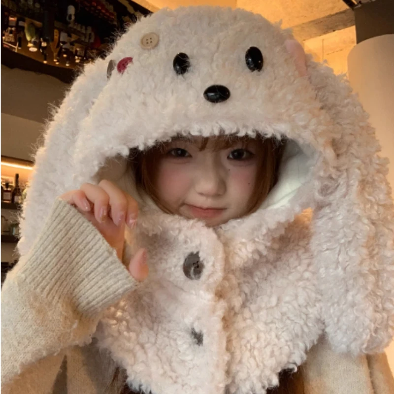 Korean Cute Long Rabbit Ears Balaclava Hat Winter Thickened Warm Lamb Wool Neck Guard Integrated Pullover Bomber Hats for Women