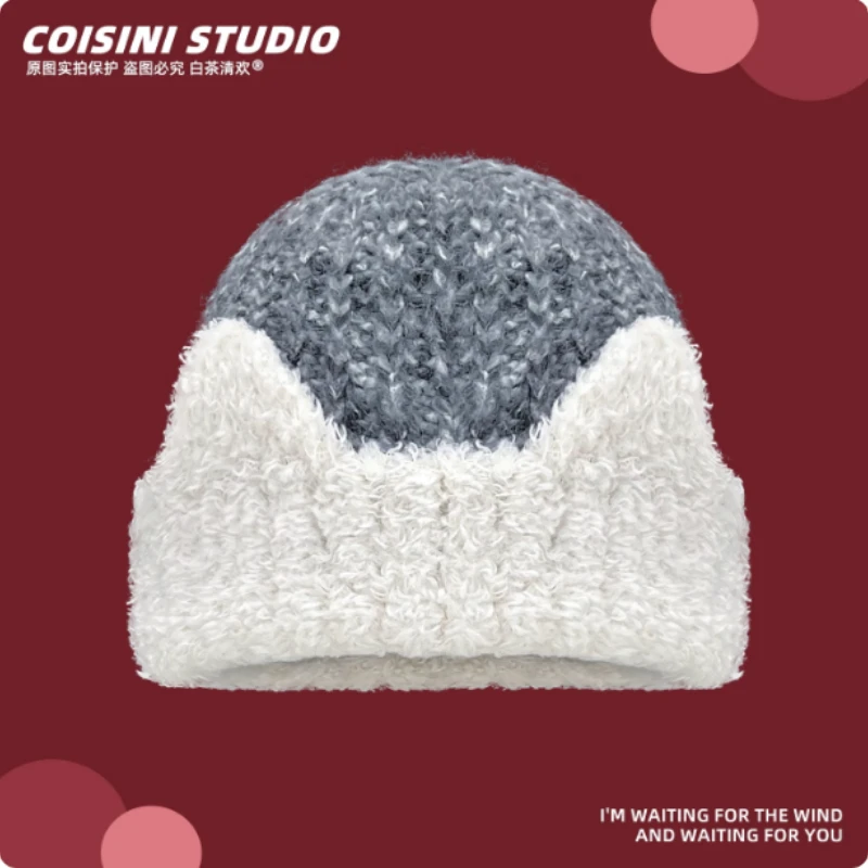 2025 جديد اليابانية القط الأذن مختلط اللون أفخم محبوك قبعة المرأة الخريف والشتاء الدافئة وسميكة تنوعا الجمجمة قبعة قبعات #6