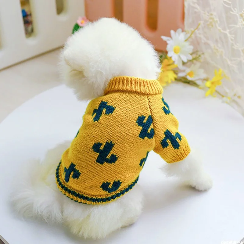 1PC Pet Clothing Cat Autumn Winter Thickened Yellow Cactus Elastic Pullover Knitted Suitable Sweater for Small and Medium Dogs