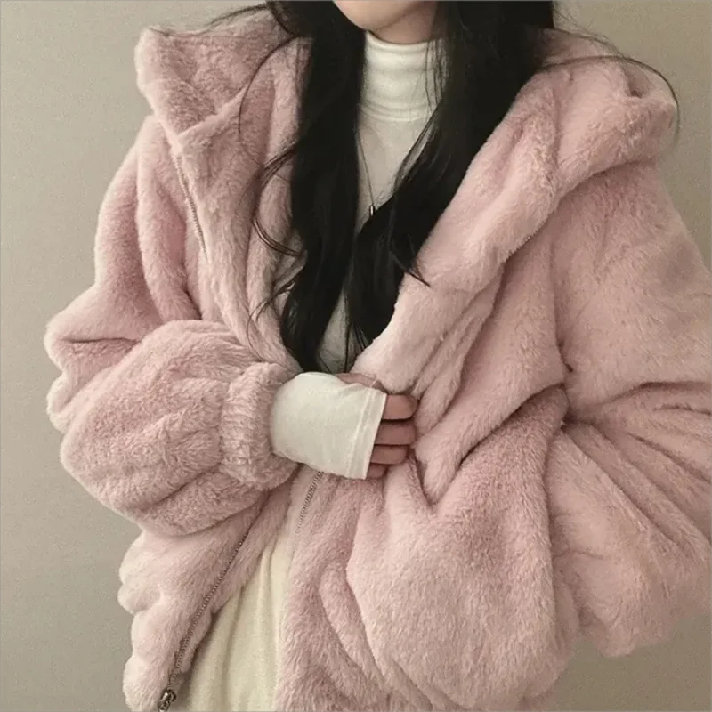 2024 Autumn winter Hooded Warm Loose Faux Rabbit Fur Jackets Thicken Korean Plush Winter High Quality Coats