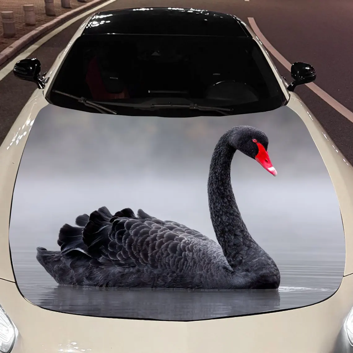 Car Decals Black Swan with Red Beak Floating on Water Car Hood Sticker, Waterproof Self - Adhesive Vinyl Graphics Decals, Decora