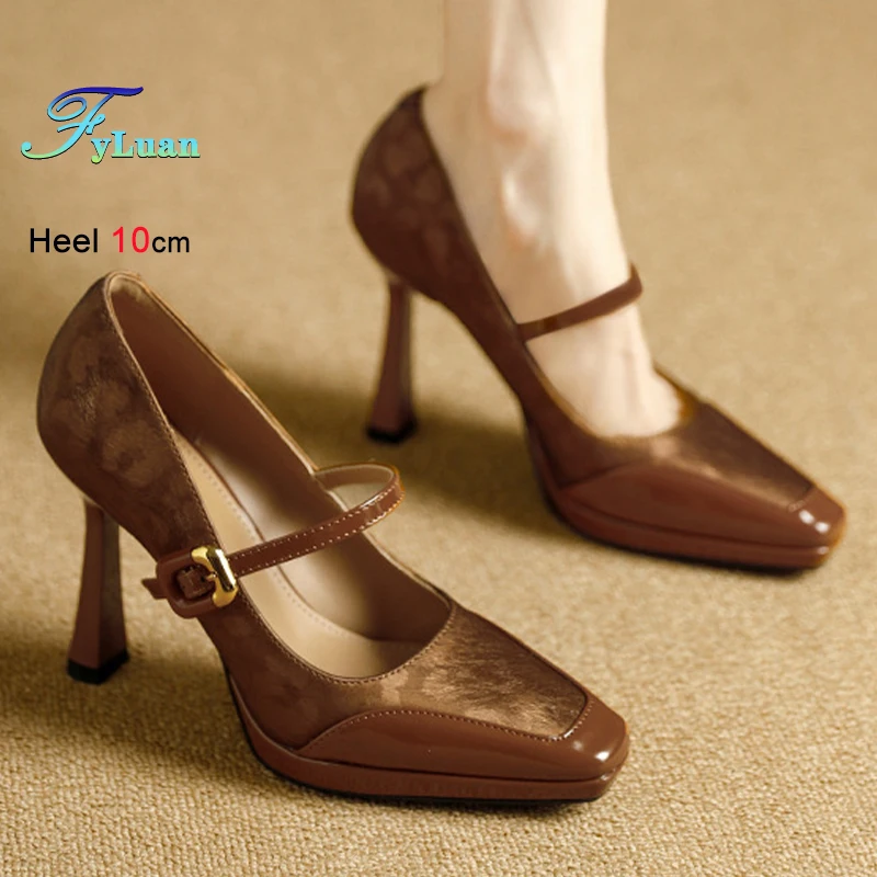 

2026 Spring Autumn Brown Patent Leather Splicing Women's Shoes Thin Heels 10cm Square Toe Ankle Buckle Ladies Pumps Party Shoes