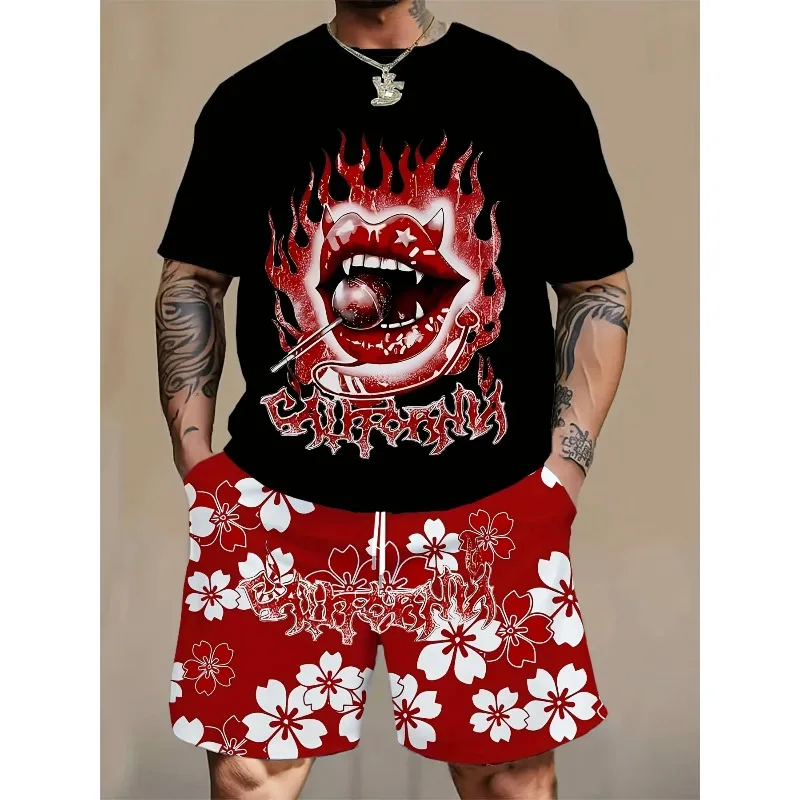 2025 Fashion Men's Short Sleeved Shorts Set Color Contrasting Fashion Quick Drying 3D Printed Polyester Fiber Round Neck T-shirt