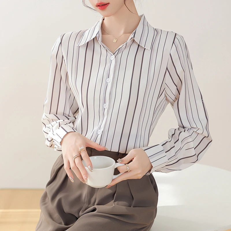 

Unique Women Striped Shirt - Korean Style, Elegant Commute Blouse, Slim Long Sleeves Women's Clothing Fashion Polo Collar Tops
