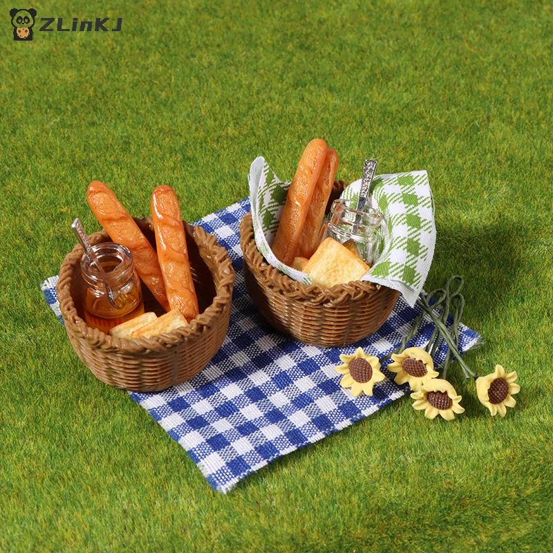 ▶1Set 1:12 Dollhouse Miniature Honey Bread Basket Fabric Picnic Basket Kitchen Model Decor Toy Doll House Accessories