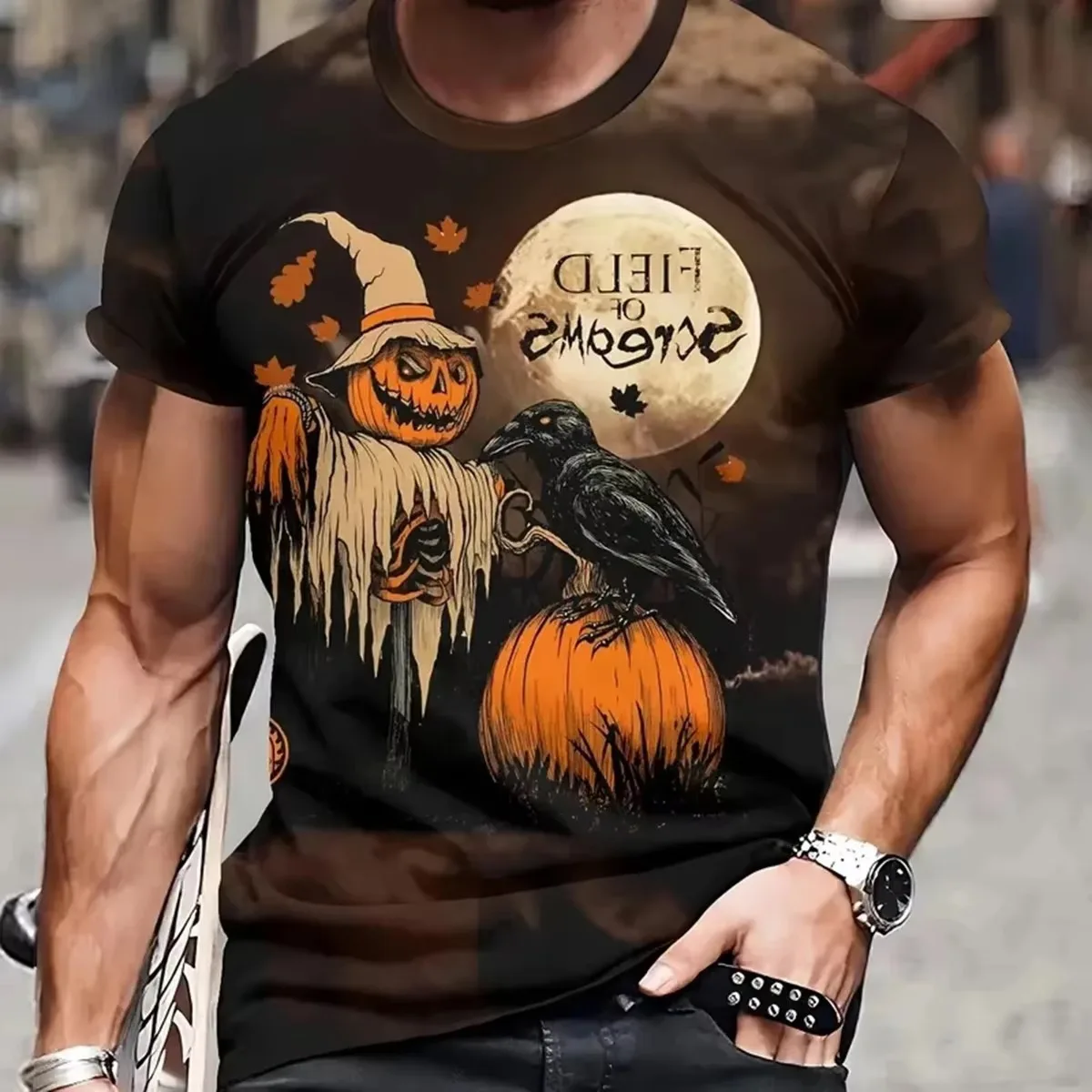 Men Halloween Pumpkin T Shirt Jack Lantern Spooky Graphic Short Sleeve Casual Tee