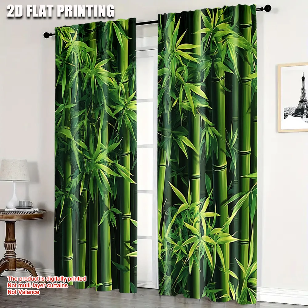 2pcs, Popular Curtains 2D print Green Bamboo (2) Versatile 100% Polyester (without rod) Versatile All for Bedroom, Office,