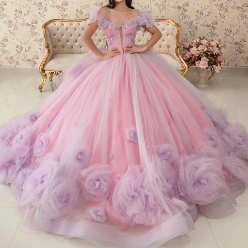 Różowe sukienki na quinceañerę z odkrytymi ramionami, kwiatową kokardą, koralikami, kryształami, tiulowe sukienki na przyjęcie urodzinowe, słodkie szesnaste urodziny, vestidos 15 de años.