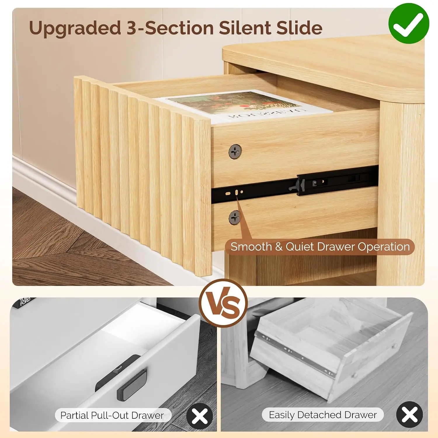 Floating Nightstand Set of 2, Fluted Nightstands Rounded Edge, Oak Nightstand with 1 Drawer and 1 Shelf