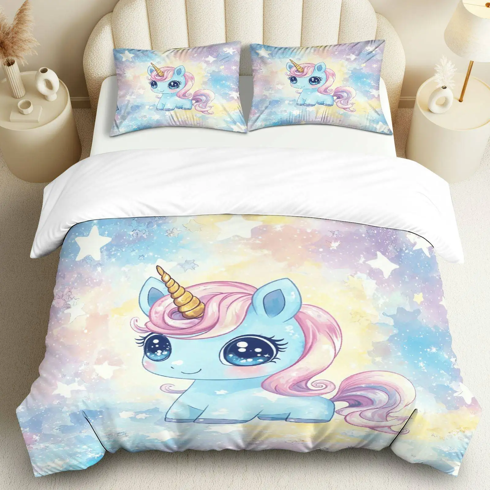 

3PCS Duvet Cover, 1 Duvet+2 Pillowcases(Without filler), Unicorn Star Pattern Suitable for bedroom living room decoration.