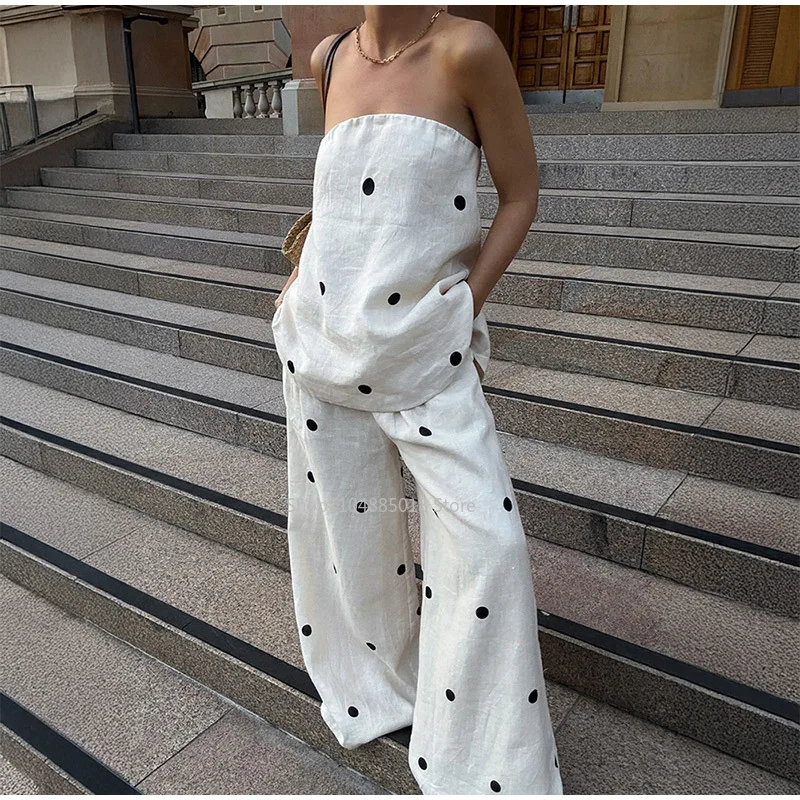 

Summer Polka Dot Tube Top Pants Sets Women Cotton Linen Sleeveless Backless Split Tops Wide Leg Pant 2025 Vacation Loose Outfits