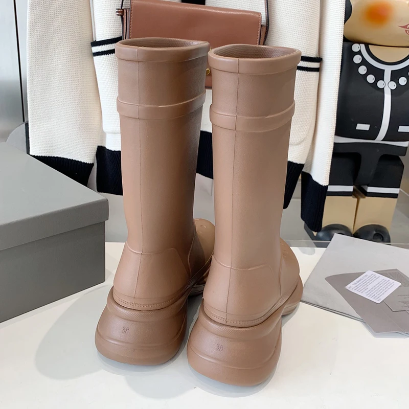 Unisex Thick Bottom Knee High Boots Rubber Waterproof Round Toe Platform Flat Slip on Long Rain Boots Jelly Color Par Shoes