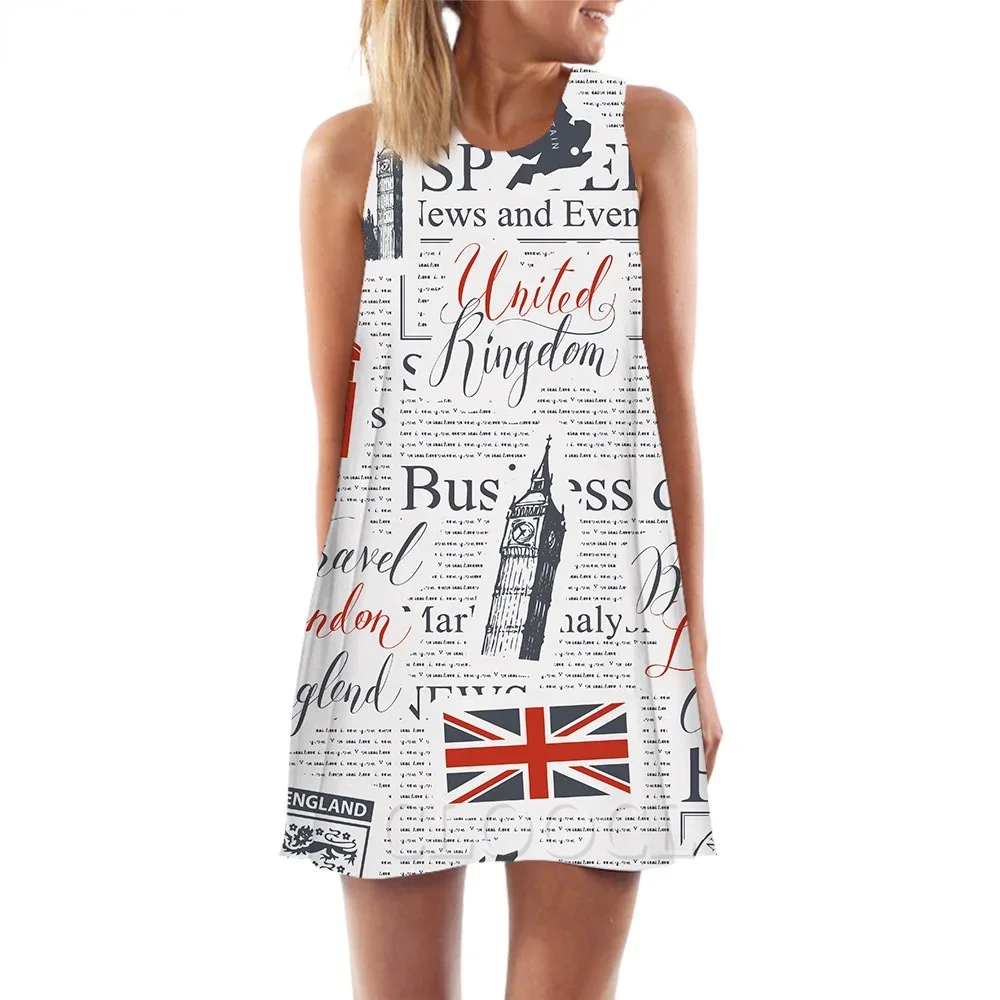 MSIEESO Women Tank Tops Retro Newspapers 3D Print UK Big Ben Loose Dress Sexy Mini Short Party Female Vest Sleeveless Dress