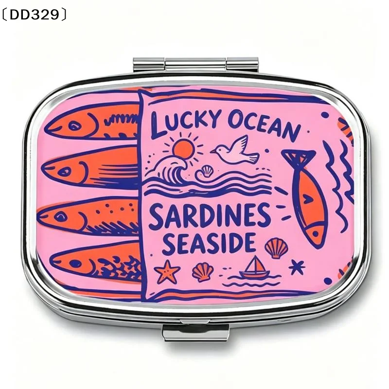 Portable Metal Pill Case With Sardine Print Sturdy Hinged Lid Perfect For Travel Daily Carry 2-Compartment〔DD329〕