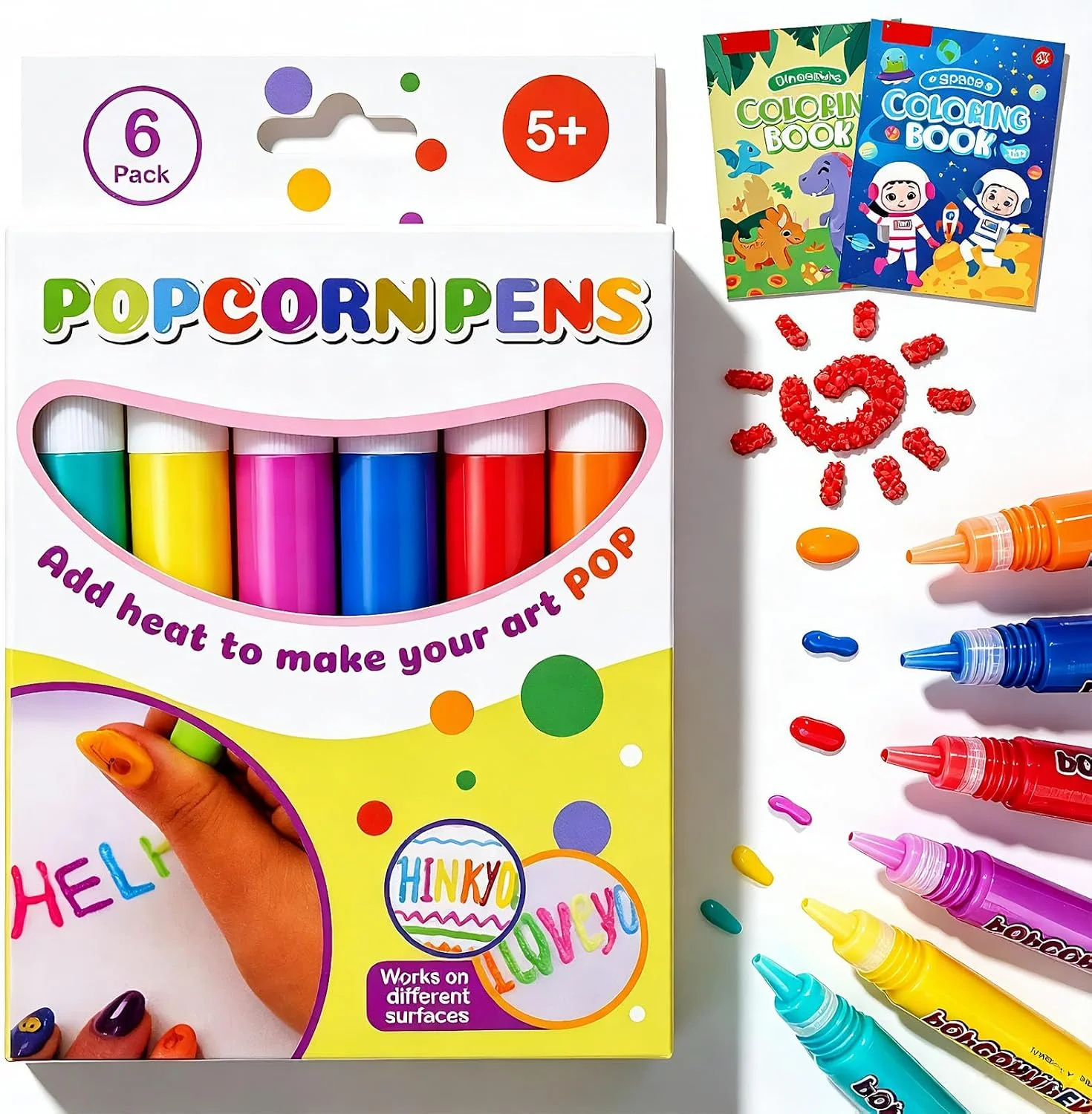 Popcorn Pens, 3D Puffy Popcorn Art Pens, 6‑Color DIY Bubble Popcorn Drawing Pens for Kids Greeting Cards, 6 Pieces‑1 Box