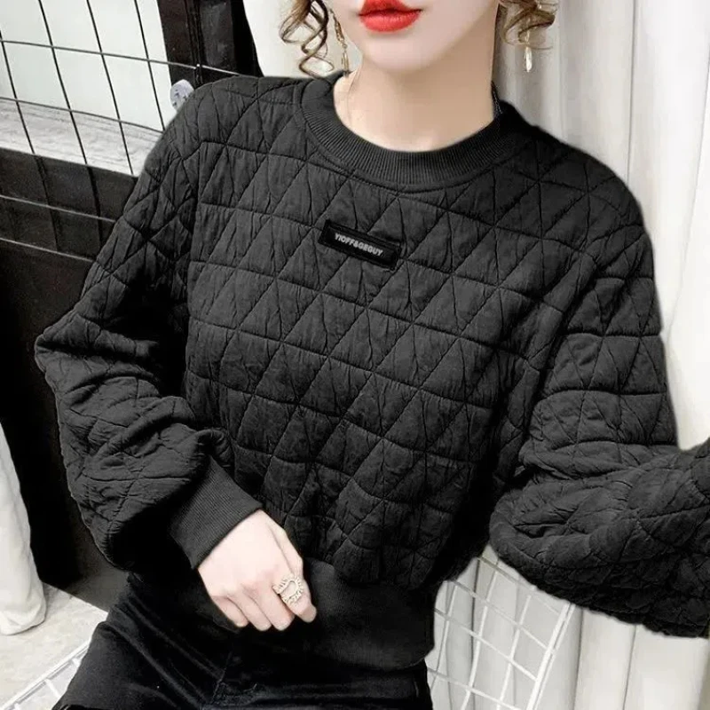 Simplicity Fashion Autumn New Women\'s Solid O-Neck Diamond Grid Labeling Korean Casual Long Sleeve Pullovers Sweatshirts Tops