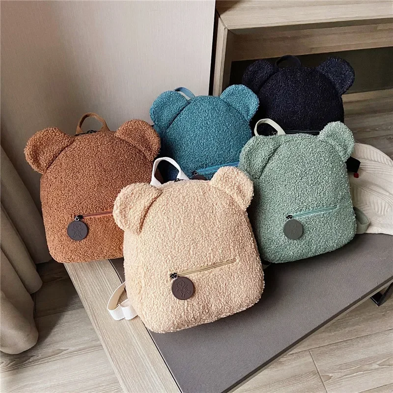 Baby Backpack for Kindergarten Cartoon Cute Brown Teddy Bear Ear Plush Backpacks Toddler Boys and Girls Zipper Small School Bags