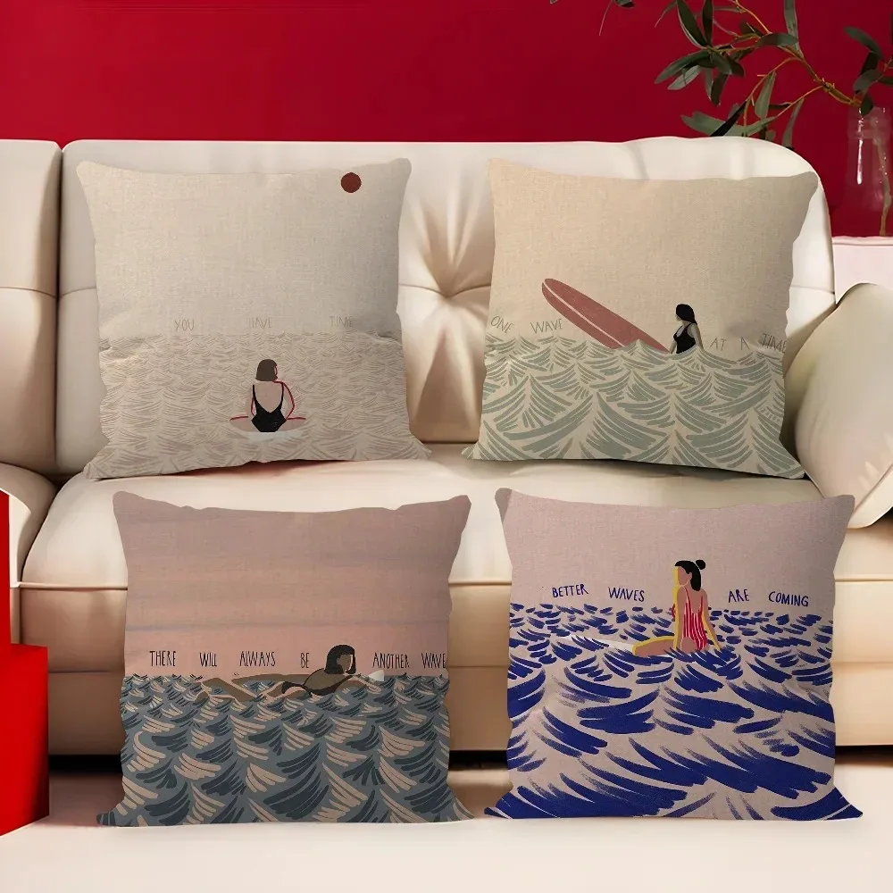 Home Decor Surfing Girl Motifs: Waves & Positive Sayings Pattern Cushion Cover Suitable for Sofa Bedroom Car Pillow Cover