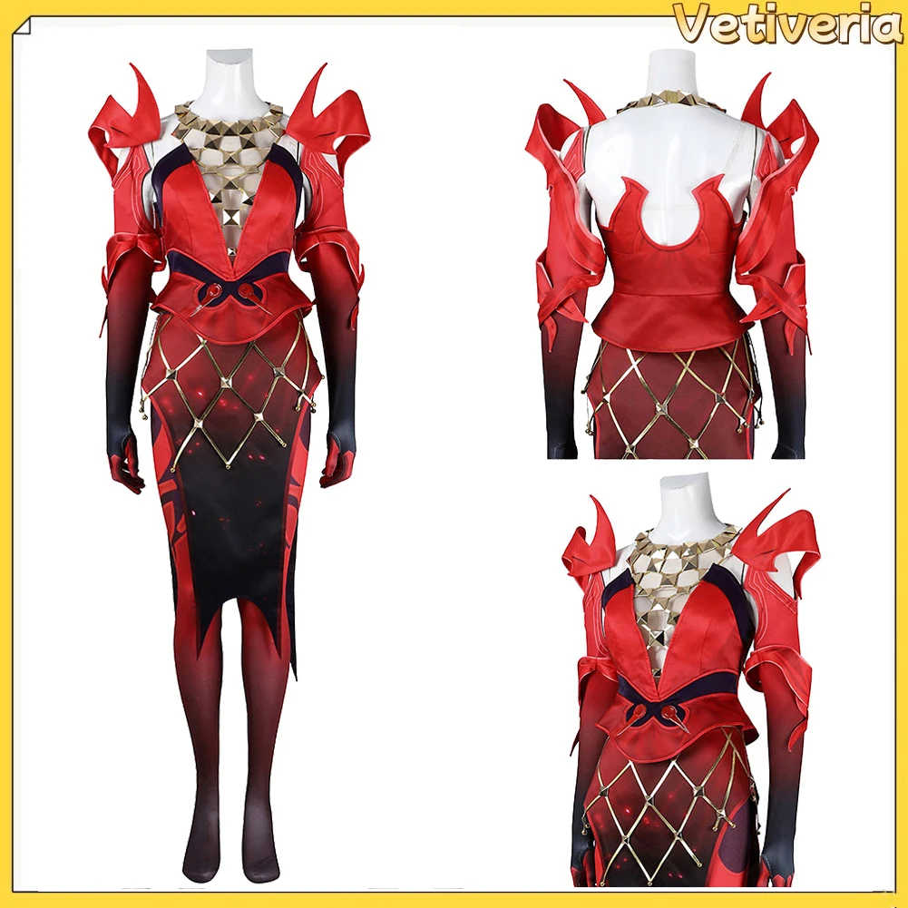 

Women Scarlet Witch Cosplay Costume Game Rivals Top Skirt Stockings Gloves Earclips Set Outfits Halloween Carnival Party Suit