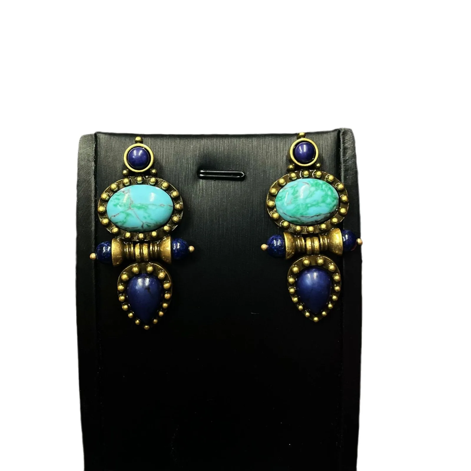 Vintage Jewelry European and American Turquoise Blue Natural Stone Pendant Earrings Western Exaggerated Earrings