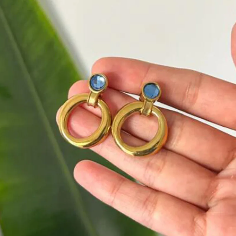 Blue stone door knocker dangle earrings women stainless steel statement earrings vintage elegant jewelry rust-proof