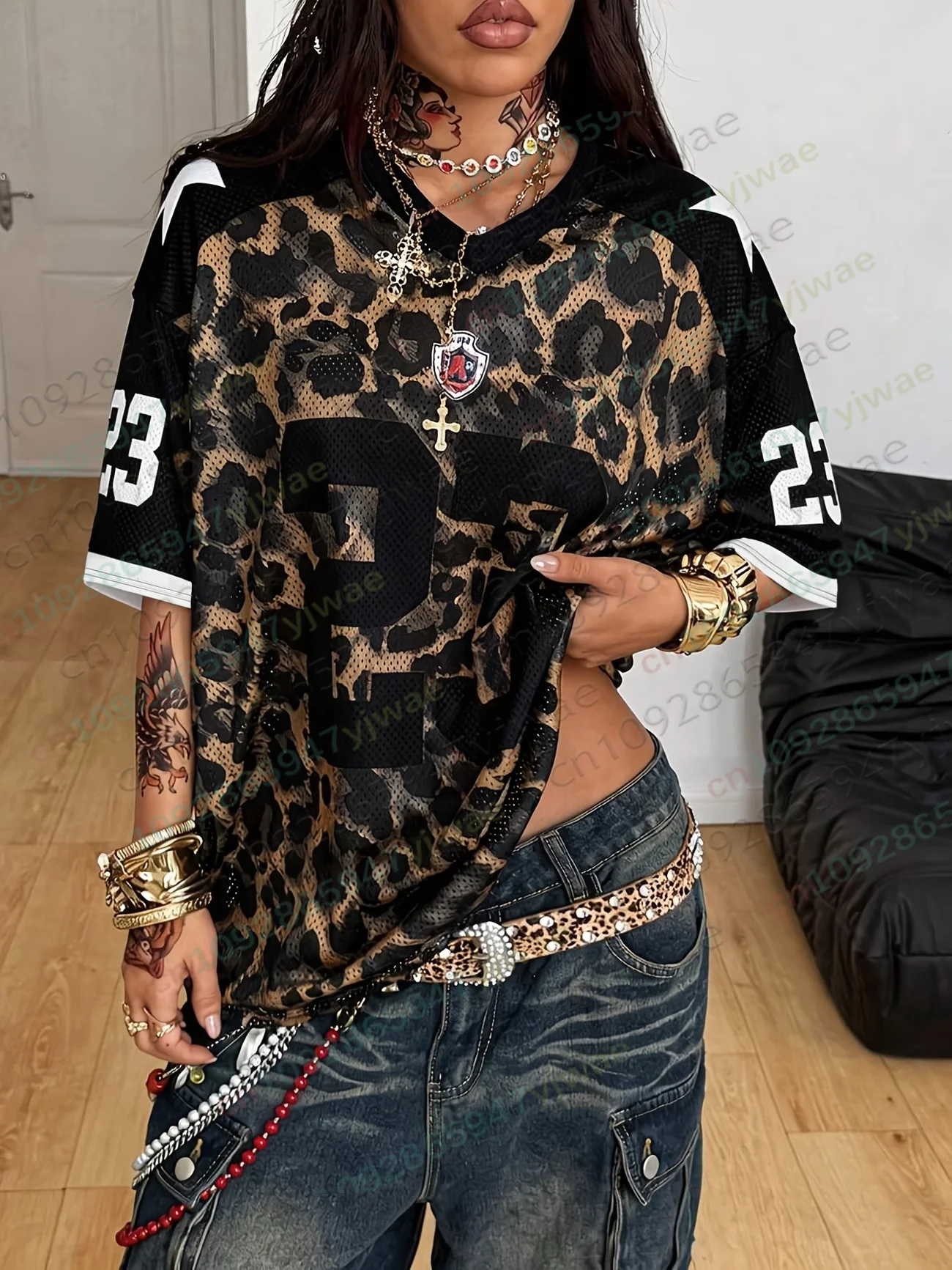 Summer Women Streetwear Casual Oversized Leopard Vintage Y2K Athleisure Sport NO.23 Printed Baseball Jersey Mesh T-Shirt