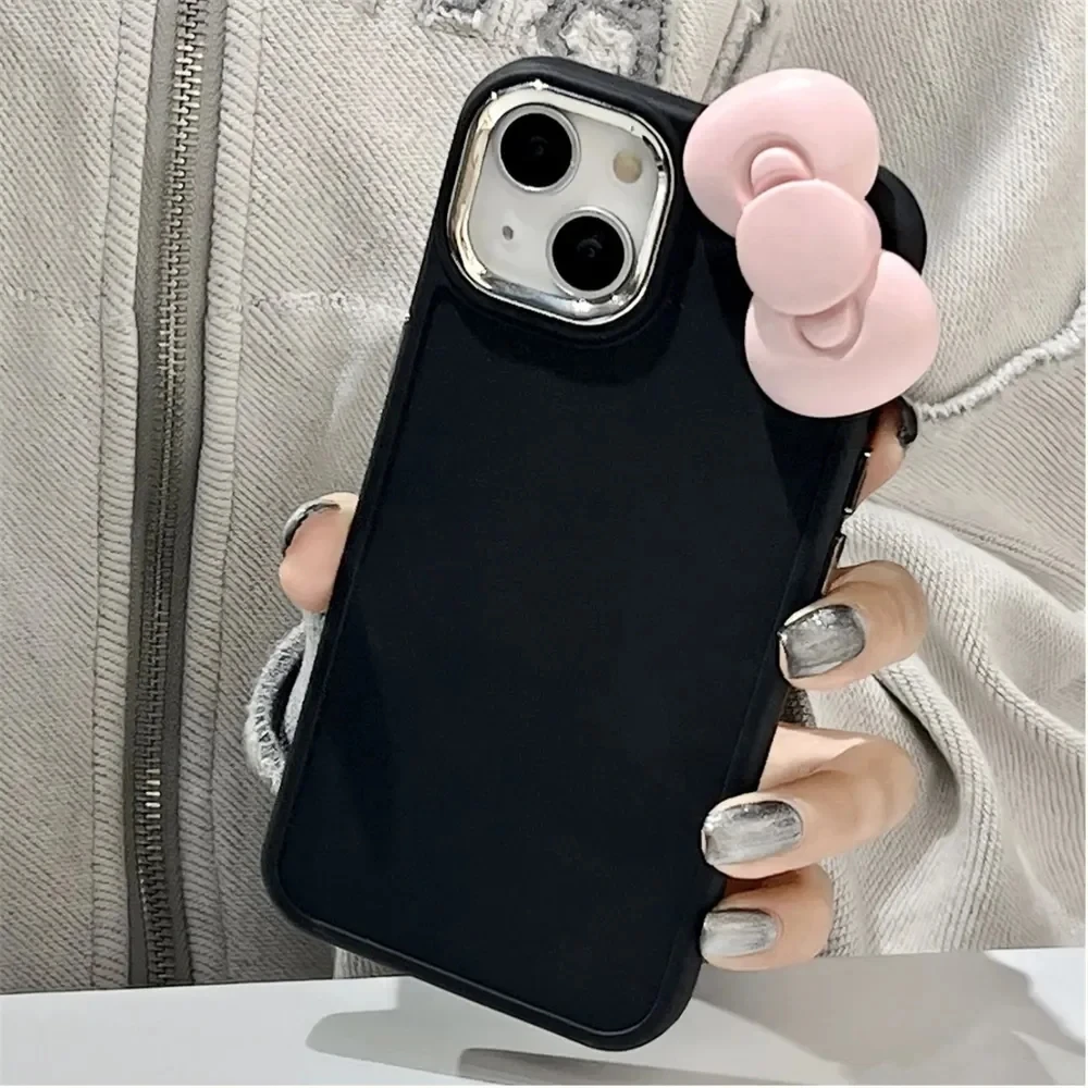 Korean Cute 3D Pink Bowknot Phone Case For iPhone 16 15 14 13 12 11 Pro Max X Soild Color Shockproof Soft Silicone Luxury Cover