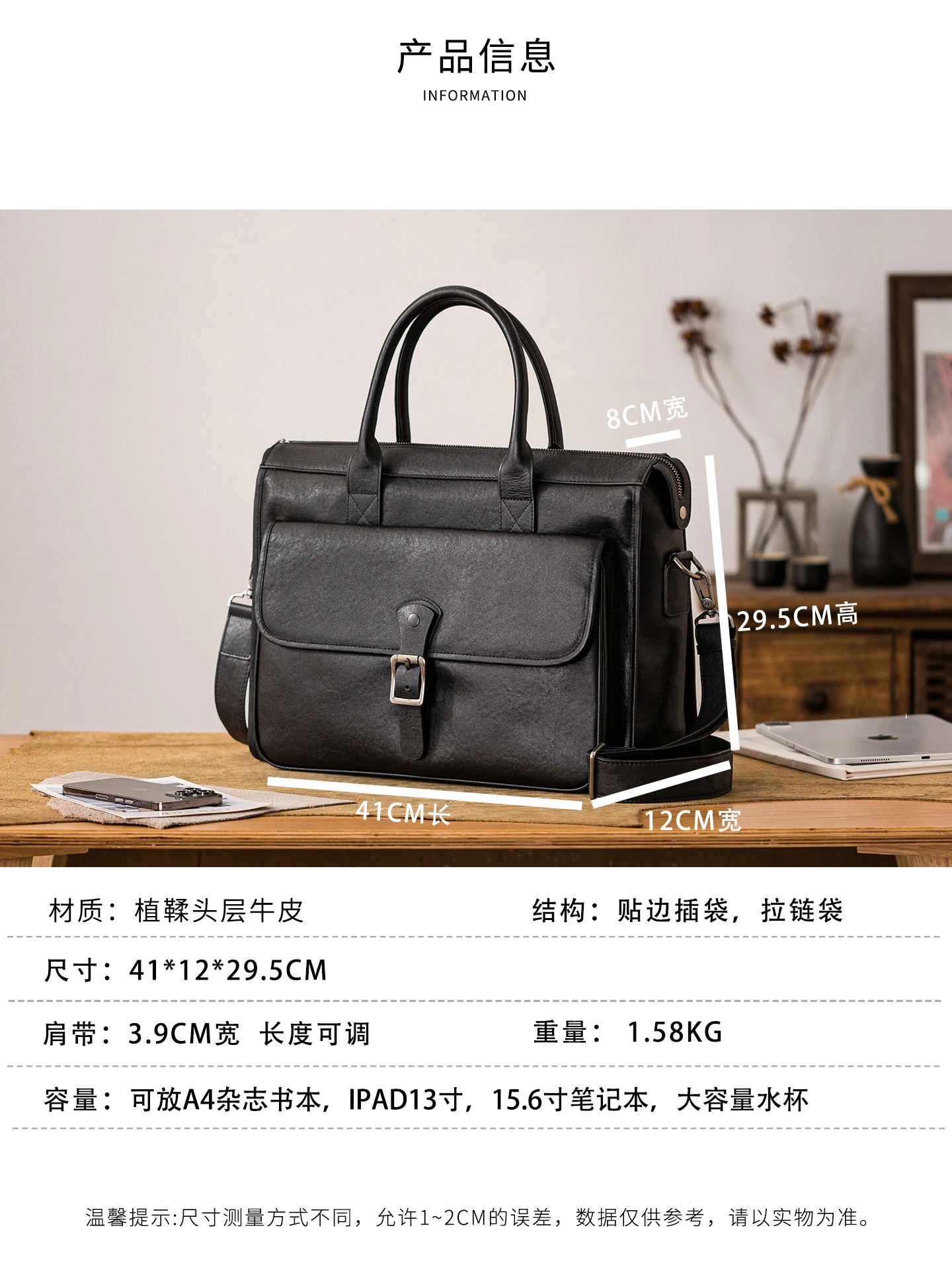 حقيبة يد رجالية بسيطة غير رسمية عالية الجودة من جلد البقر من الطبقة الأولى حقيبة يد فاخرة للعمل مصنوعة يدويًا من الجلد الطبيعي #5