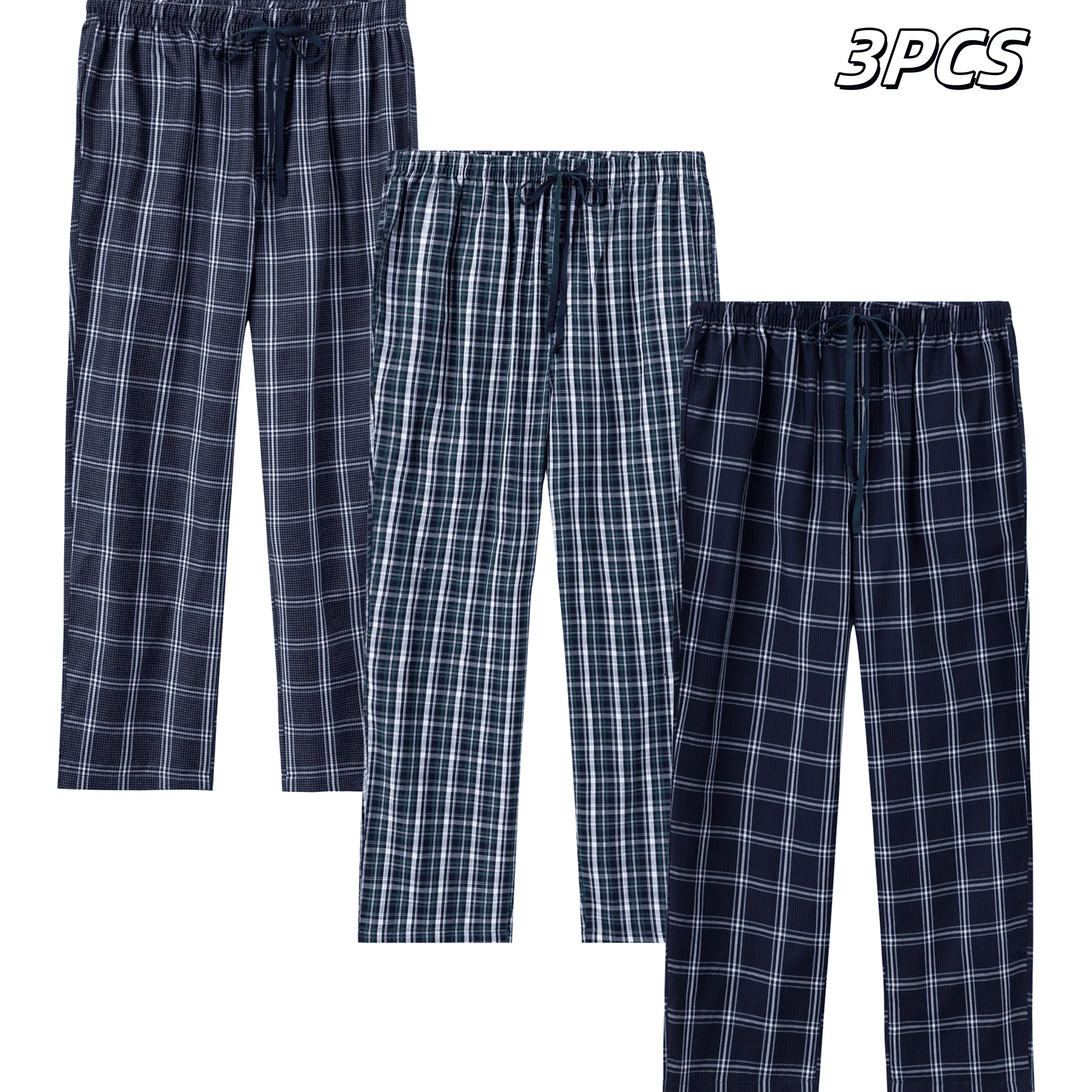 3pcs Men's Pajama Pants Autumn Simple Plaid Pattern Casual Cotton Sleepwear Trendy Elastic Waistband Home Pajama Bottoms