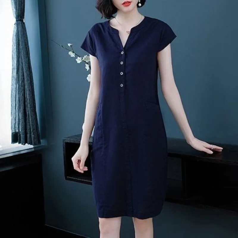 2024 Women's Summer New V-neck Patchwork Button Pockets Fashion Solid Color All-match Batwing Sleeve Short Sleeve Dresses