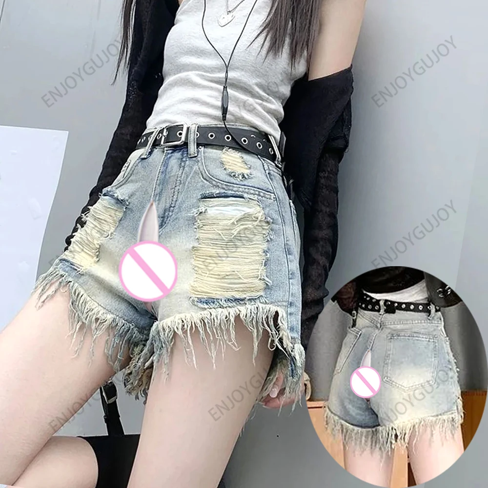 High Waisted Hot Pants Invisible Open Crotch Outdoor Sex Do Old Hole Torn Denim Shorts Women\'s Loose Slimming