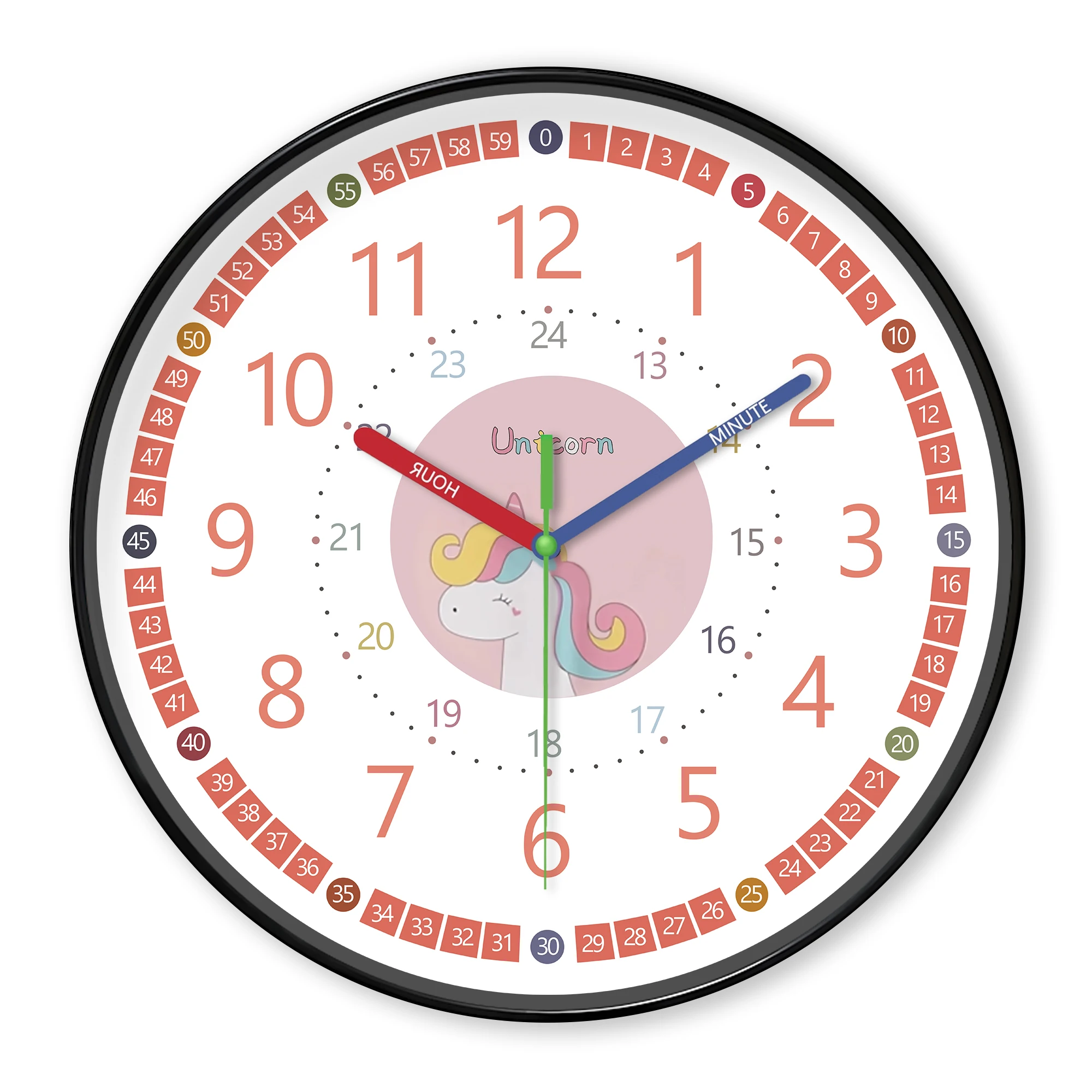 1 Stück 8-Zoll-Wanduhr, Cartoon-Wanduhr mit rosa Einhorn und 24-Stunden-Farbe, digitale Design-Wanduhr, leise Wanduhr, anwendungswand c