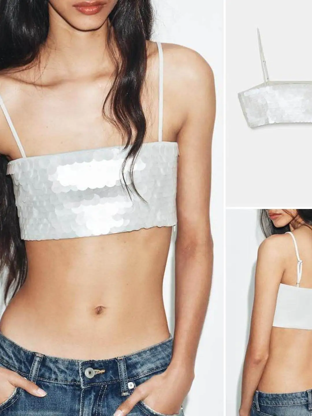 Sexy Fashion Bead Decoration Straight Collar Thin Strap Vest Top Women's Slim Fit Short Length City Walk Suitable 3D Effect